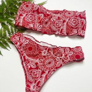 Shein red bandanna patterned ruffled strapless cheeky two piece bikini